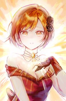 Rule 34 | 1girl, absurdres, arm up, backlighting, black flower, breasts, brown eyes, brown hair, commentary, dress, flower, gem, gloves, hair flower, hair ornament, half gloves, highres, jewelry, looking at viewer, off-shoulder dress, off shoulder, parted lips, project sekai, red dress, red gloves, shinonome ena, short hair, small breasts, solo, someang, waist ribbon, yellow background, yellow gemstone