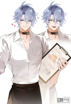 1boy @_@ alternate_costume antenna_hair apron black_apron black_choker blue_eyes choker collared_shirt hashtag-only_commentary highres holding holding_menu honkai:_star_rail honkai_(series) hush_(xoxo_hush) male_focus menu multiple_expressions open_mouth phainon_(honkai:_star_rail) shirt short_hair smile teeth white_background white_hair white_shirt