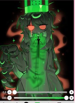 1018sus 1girl 1x1x1x1_(roblox) arm_at_side art_program_in_frame black_background black_coat black_dress black_hair black_skin clenched_teeth coat coat_dress collared_coat collared_dress colored_sclera colored_skin contrapposto cowboy_shot crown cutout_eyelashes dominoes dress fewer_digits fire flat_chest forsaken_(roblox) genderswap genderswap_(mtf) glowing green_crown green_outline green_skin hair_between_eyes hand_up highres holding_own_hair ibispaint jitome long_hair long_sleeves looking_at_viewer multicolored_skin no_eyebrows no_nose open_collar outline puffy_long_sleeves puffy_sleeves red_sclera roblox see-through_body sharp_teeth short_dress side_slit sidelocks simple_background skeleton solo sparkle standing straight-on swept_bangs teeth tsurime two-tone_skin very_long_hair wavy_hair