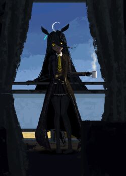 1girl absurdres ahoge animal_ears black_gloves black_hair black_pantyhose black_shirt black_skirt closed_mouth coat coffee_mug collared_shirt commentary cup ear_tag earrings english_commentary frown gloves hair_between_eyes highres holding holding_cup horse_ears horse_girl horse_tail jewelry long_bangs long_hair long_hair_between_eyes long_sleeves looking_at_viewer manhattan_cafe_(creeping_shadow)_(umamusume) manhattan_cafe_(umamusume) mug multicolored_hair necktie pantyhose shirt single_earring skirt sky solo steaming_cup tail thefatum umamusume white_hair yellow_eyes yellow_necktie