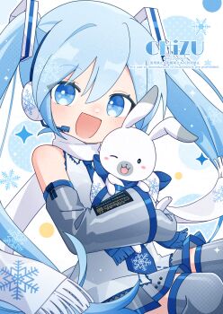 1girl 421ooouy :d animal artist_name bare_shoulders blue_eyes blue_hair blue_necktie blush collared_shirt commentary cowboy_shot detached_sleeves double-parted_bangs gloves grey_gloves grey_skirt grey_sleeves grey_thighhighs hair_between_eyes hatsune_miku headset highres holding holding_animal long_hair long_sleeves looking_at_viewer miniskirt necktie open_mouth pleated_skirt rabbit rabbit_yukine scarf shirt simple_background skirt sleeveless sleeveless_shirt smile sparkle thighhighs twintails twitter_username vocaloid watermark white_background white_scarf yuki_miku yuki_miku_(2011) zettai_ryouiki