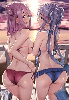 2girls absurdres against_railing ass bikini blue_bikini breasts commentary_request frilled_bikini frills from_behind hair_ornament hairclip highres kamagaya_momoka kamikakushi_no_eden large_breasts long_hair looking_at_viewer looking_back multiple_girls orange_skirt pink_eyes pink_hair purple_eyes purple_hair railing red_bikini sahara386 shiroi_shizuku short_hair side-tie_bikini_bottom sidelocks skirt sunset swimsuit tongue tongue_out twintails untied_bikini_top