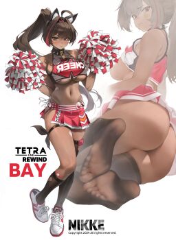 1girl absurdres ahoge animal_ear_fluff animal_ears ass bandaged_leg bandages bare_shoulders bay_(nikke) black_socks blush boninit breasts brown_eyes brown_hair cat_ears character_name cheerleader closed_mouth clothes_lift commentary convenient_censoring copyright_name crop_top dark-skinned_female dark_skin facial_mark full_body goddess_of_victory:_nikke highres holding holding_pom_poms large_breasts lock miniskirt multiple_views navel no_panties no_shoes padlock padlocked_collar panties panty_straps pink_skirt pleated_skirt pom_pom_(cheerleading) pom_poms ponytail revision shirt_lift shoes side-tie_panties skirt socks soles star_(symbol) star_facial_mark stomach thigh_strap thighs toes torn_clothes torn_socks underboob underwear white_background white_footwear