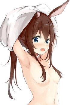 1girl amiya_(arknights) animal_ears arknights blue_eyes blush breasts brown_hair convenient_hair hair_between_eyes highres kusunoki_(gwzx5574) looking_at_viewer navel open_mouth rabbit_ears rabbit_girl shirt sidelocks simple_background small_breasts solo tearing_up tongue undressing upper_body white_background white_shirt