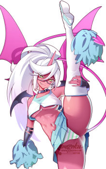 1girl black-framed_eyewear breasts cheerleader closed_mouth colored_skin commentary english_commentary fang glasses green_eyes hair_ornament highres horns hot_vr kneesocks_(psg) leg_up long_hair looking_at_viewer medium_breasts panties panty_&amp;_stocking_with_garterbelt pink_wings pom_pom_(clothes) pom_pom_hair_ornament ponytail red_horns red_skin simple_background single_horn smile solo standing standing_on_one_leg striped_clothes striped_panties thighhighs thighs underboob underwear white_background white_hair white_panties white_thighhighs wings