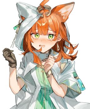Rule 34 | 1girl, ahoge, animal ear hood, animal ears, arknights, asymmetrical clothes, blunt bangs, blunt ends, blush, bracelet, brown gloves, cat ears, clenched hands, coat, dress, earrings, fake animal ears, fumi (rdbm), gloves, green dress, hands up, highres, hood, hooded coat, jewelry, large ears, looking at viewer, medium hair, papyrus (arknights), short sleeves, sidelocks, single glove, sleeveless, sleeveless dress, solo, tearing up, white coat, white hood, wide sleeves, yellow eyes