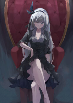 >:) 1girl absurdres arm_at_side armchair backlighting black_dress black_hairband black_ribbon blush breasts brown_eyes chair cleavage closed_mouth collared_shirt commentary convenient_leg crossed_legs dress eyebrows_hidden_by_hair eyelashes feet_out_of_frame frilled_dress frilled_sleeves frills fujikawa_hikari gothic_lolita grey_eyes grey_hair grey_shirt hair_between_eyes hair_ribbon hairband heterochromia highres lolita_fashion long_hair long_sleeves looking_at_viewer luminous_valentine medium_breasts on_chair ribbon shirt sitting smile smug solo straight_hair tensei_shitara_slime_datta_ken v-shaped_eyebrows very_long_hair