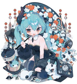 1girl :d absurdres animal_skull aqua_hair artist_name bamboo_steamer bare_shoulders black_coat black_dress black_horns black_thighhighs borrowed_character breasts card china_dress chinese_clothes cleavage clenched_hand coat coat_partially_removed collar commissioner_name cotono_(nazekun) creature curled_horns detached_collar diorama double-parted_bangs dress fangs flower full_body hair_flower hair_ornament hand_on_own_knee hand_up happy highres holding holding_umbrella horns lantern light_blush long_hair morello_(morellostorment) muted_color off_shoulder oil-paper_umbrella open_mouth orange_eyes orange_flower original peter_pan_collar petite playing_card second-party_source sideways_glance sitting small_breasts smile solo strapless thank_you thighhighs twintails umbrella very_long_hair wariza white_background white_collar white_flower yellow_trim zettai_ryouiki