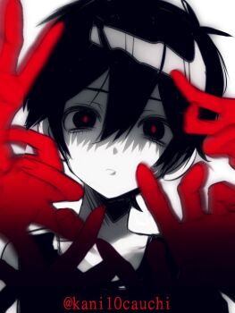 1boy antenna_hair bare_shoulders blurry bright_pupils closed_mouth collarbone commentary depth_of_field double-parted_bangs expressionless extra_arms fingernails frown greyscale hair_between_eyes high_contrast highres kauchi_(kani10cauchi) looking_at_viewer male_focus monochrome omori omori_(omori) portrait reaching reaching_towards_viewer red_pupils shaded_face short_hair simple_background solo spot_color symbol-only_commentary tank_top tareme twitter_username very_short_hair white_background