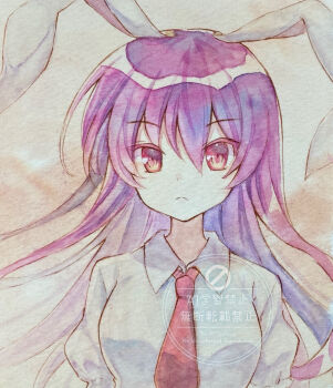 1girl absurdres animal_ears breasts closed_mouth collared_shirt commentary_request frown highres long_hair looking_at_viewer medium_breasts necktie painting_(medium) purple_hair rabbit_ears rabbit_girl red_necktie reisen_udongein_inaba shirt solo touhou traditional_media utako_(kuromosuki) watercolor_(medium) watermark white_shirt