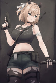 1girl absurdres aidoruhakase alternate_costume animal_ears arm_up bandaged_arm bandages belt_pouch black_choker black_garter_straps black_shorts black_thighhighs bra breasts brown_hair choker cleavage closed_mouth commentary cowboy_shot denim denim_shorts dot_nose english_commentary fingerless_gloves garter_straps gloves green_eyes gun hair_intakes hair_ornament hairclip handgun highres holding holding_gun holding_weapon index_finger_raised indie_virtual_youtuber large_breasts looking_to_the_side mole mole_on_stomach navel nimi_nightmare pouch rifle see-through_clothes see-through_thighhighs short_hair shorts sniper_rifle solo standing stomach tapir_ears tapir_girl thigh_strap thighhighs torn_clothes torn_thighhighs underwear virtual_youtuber walkie-talkie weapon white_bra
