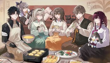 1other 2boys 4girls absurdres blade_(honkai:_star_rail) blush bowl caelus_(honkai:_star_rail) closed_mouth couch dated dumpling eyewear_on_head firefly_(honkai:_star_rail) food grey_hair hair_between_eyes hair_intakes hanbok highres holding holding_spatula honkai:_star_rail honkai_(series) jiaozi kafka_(honkai:_star_rail) korean_clothes long_hair multiple_boys multiple_girls nongxy_nonshi on_couch open_mouth pom-pom_(honkai:_star_rail) silver_wolf_(honkai:_star_rail) smile spatula stelle_(honkai:_star_rail) sunglasses teeth tongue tongue_out trailblazer_(honkai:_star_rail) upper_teeth_only