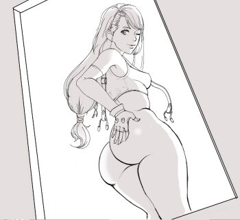 Rule 34 |  breasts, ass, bottomless, breasts, butt crack, cleft of venus, crop top, doorway, final fantasy, final fantasy vii, fingerless gloves, gloves, gluteal fold, hand on own ass, long hair, looking at viewer, looking back, low-tied long hair, medium breasts, monochrome, one eye closed, sunbeam (artist), suspenders, tank top, tifa lockhart, wink