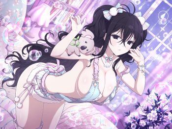 1girl :o alarm_clock analog_clock animal animal_on_arm antenna_hair armpits ass bear bed bed_sheet bedroom belt black_eyes black_hair blanket blue_bow blue_sky blush body_blush book bookshelf bow bracelet breasts bubble buttons chain cleavage clinging clock curtains desk_lamp eucalyptus_leaves floral_print flower frilled_pillow frills fubuki_(senran_kagura) fur-trimmed_overalls fur_choker fur_trim hair_between_eyes hair_bow hair_ornament highres indoors jewelry kneeling koala lamp large_breasts leaf light_particles long_hair looking_at_viewer multicolored_thighhighs multiple_hair_bows naked_overalls necklace night night_sky nightstand official_alternate_costume official_art on_bed open_mouth overall_skirt overalls pale_skin panties pillow pink_belt pink_bow pink_panties plant pom_pom_(clothes) pom_pom_hair_ornament revealing_clothes senran_kagura senran_kagura_new_link shiny_skin sky solo sparkle star_(sky) starry_sky strap_slip striped_clothes striped_thighhighs thighhighs underwear very_long_hair waist_bow wavy_hair white_flower window yaegashi_nan