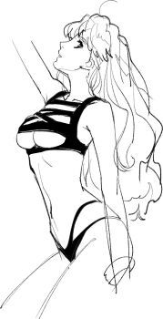 1girl bracelet breasts clothing_cutout cowlick from_side greyscale highres jewelry kikuya_megane long_hair looking_back macross macross_frontier monochrome navel parted_lips sheryl_nome sketch solo stomach swimsuit third-party_source underboob underboob_cutout white_background