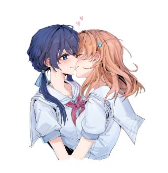 2girls blue_eyes blue_hair blush closed_eyes closed_mouth commentary english_commentary gift_art heart highres hinoshita_kaho kiss link!_like!_love_live! long_hair love_live! multiple_girls murano_sayaka neckerchief orange_hair parted_lips red_neckerchief sailor_collar shirt simple_background smile twintails white_background white_sailor_collar white_shirt yrxy_settingsun yuri