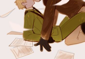 2boys america_(hetalia) axis_powers_hetalia black_boots black_gloves black_necktie blonde_hair boots breast_pocket brown_jacket brown_pants collared_shirt fur-trimmed_jacket fur_trim gloves green_jacket green_pants jacket kiss lapels long_sleeves male_focus military military_jacket military_uniform multiple_boys necktie pants paper pocket rrrrrrrrrrrou1 seiza shirt short_hair simple_background sitting united_kingdom_(hetalia) white_background white_shirt yaoi