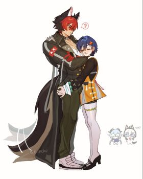 animal_ears ass belle_(zenless_zone_zero) blood blue_hair blush bulge dog_boy dog_ears dog_tail face_to_pecs grabbing_another's_ass groping head_on_chest huge_ass komano_manato komano_manato_(white_heart_silhouette) lucia_elowen male_focus motion_lines non-web_source nosebleed riinchu sexually_suggestive size_difference surprised tail tail_wagging