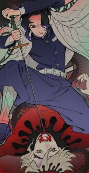 1boy 1girl animal_print belt belt_buckle black_hair black_jacket black_pants blood blood_from_mouth breasts buckle butterfly_print claws clenched_teeth colored_tips demon_boy douma_(kimetsu_no_yaiba) fingernails furrowed_brow grey_hair hair_between_eyes hair_over_one_eye haori highres holding holding_sword holding_weapon jacket japanese_clothes katana kimetsu_no_yaiba kochou_shinobu long_fingernails lying medium_breasts multicolored_hair navel on_back on_one_knee open_mouth pants parted_bangs print_haori purple_eyes purple_hair red_shirt roru_(lol_dessin) sharp_fingernails shirt sidelocks smile stab sword tabi teeth updo veiny_face waraji weapon white_belt