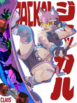 1girl absurdres adapted_costume animal_ear_fluff animal_ears armor belt blue_hair blue_thighhighs breasts clays_(clayschan) extra_eyes fingerless_gloves genderswap genderswap_(mtf) gloves goggles highres jackal jackal_ears jackal_genome kamen_rider kamen_rider_revi kamen_rider_revice kamen_rider_vice medium_breasts midriff multicolored_hair pink_armor pink_hair pink_shoes revice_driver rider-tan rider_belt shoes shorts skateboard smile spiked_hair stamp_mark streaked_hair teeth thighhighs tokusatsu yellow_eyes