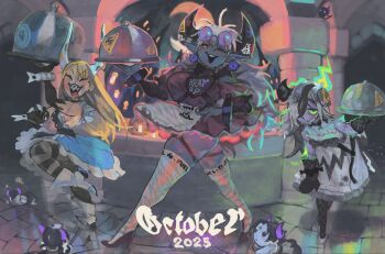 Rule 34 | 2025, 3girls, ^ ^, alternate skin color, alternate species, apron, arm up, black dress, black gloves, black hair, black horns, black mittens, black thighhighs, blonde hair, blue dress, blue skin, boots, braces, breasts, broom, character doll, chest guard, closed eyes, collar, colored sclera, colored skin, commentary, crossed legs, cuffs, disembodied eye, doll, dress, earrings, elbow gloves, english commentary, facial mark, fiery hair, fire, fishnet pantyhose, fishnets, frilled apron, frilled dress, frills, frown, full body, furrowed brow, garlic (keziedra), gloves, glowing, glowing eyes, green eyes, green fire, grey skin, hair over one eye, halloween, halloween costume, hand on own hip, hand up, heart, heart facial mark, high heel boots, high heels, highres, holding, holding broom, holding tray, horn markings, horns, indoors, jewelry, jubilee (keziedra), juliet sleeves, keziedra, knee up, large breasts, leaning forward, long hair, long horns, long pointy ears, long sleeves, looking at viewer, macaron (keziedra), maid, medium breasts, messy hair, metal collar, microdress, mittens, multicolored hair, multiple girls, object through head, october, one eye closed, open mouth, original, oven mitts, pantyhose, parted lips, patchwork skin, pointy ears, puffy sleeves, purple dress, purple shoes, scar, scar on arm, screw in head, serving dome, shackles, sharp teeth, shoes, short dress, single horn, sleeveless, sleeveless dress, smile, standing, standing on one leg, stitched arm, stitched face, stitches, strapless, strapless dress, streaked hair, striped clothes, striped thighhighs, stud earrings, stuffed toy, tapioca (keziedra), teeth, thigh strap, thighhighs, tongue, tongue out, tray, two-tone hair, upper teeth only, v, v-shaped eyebrows, waist apron, waitress, watson cross, white apron, white boots, white hair, white horns, white thighhighs, wrist cuffs, yellow sclera, zombie