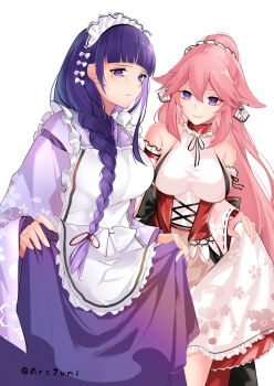 2girls alternate_costume animal_ear_piercing animal_ears apron arczumi artist_name bare_shoulders blunt_bangs blush braid breasts closed_mouth commentary couple detached_sleeves dress fox_ears fox_girl frilled_apron frills genshin_impact gradient_hair hair_between_eyes hair_over_shoulder high_ponytail highres huge_breasts japanese_clothes kimono leaning_to_the_side light_smile long_braid long_hair long_sleeves looking_at_viewer looking_down looking_to_the_side maid maid_headdress mole mole_under_eye multicolored_hair multiple_girls pink_lips ponytail purple_eyes purple_hair purple_kimono raiden_shogun ribbon shade simple_background single_braid sleeveless upper_body white_background wide_sleeves yae_miko yuri