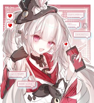 1girl absurdres black_bow black_bowtie black_choker black_hat bow bowtie braid center-flap_bangs chinese_commentary chinese_text choker commentary_request dual_persona facial_mark fang gloves hat heart heart_facial_mark highres holding holding_own_hair holding_phone honkai:_star_rail honkai_(series) long_hair looking_at_viewer multicolored_hair open_mouth phone pink_eyes pixel_art red_sailor_collar red_streaks sailor_collar shirt single_glove skin_fang smile solo sparkle_(honkai:_star_rail) sparxie_(honkai:_star_rail) streaked_hair sumuan84080 top_hat twintails white_hair white_shirt