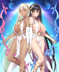 Rule 34 | 2girls, :o, absurdly long hair, apollo (evertale), artemis (evertale), back-to-back, bare shoulders, black hair, blush, bow (weapon), breasts, bridal gauntlets, center opening, closed mouth, clothing cutout, cloud, contrast, covered nipples, dangle earrings, dark-skinned female, dark skin, earrings, evertale, frown, gold, gold hairband, gold trim, groin, hair between eyes, hairband, holding, holding bow (weapon), holding hands, holding weapon, huge breasts, jewelry, laurel crown, lens flare, light particles, long hair, looking at viewer, multiple girls, navel, navel cutout, no panties, official art, pelvic curtain, planet, popqn, revealing clothes, sandals, shiny skin, siblings, sisters, sky, space, standing, standing on one leg, star (sky), starry sky, twins, v-shaped eyebrows, very long hair, weapon, white bridal gauntlets, white hair, white nails, yellow eyes