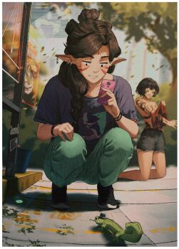 2girls absurdres black_hair black_shoes blurry blurry_background body_markings braid cellphone commentary cutoffs day denim denim_shorts earclip english_commentary green_pants grin hand_up highres holding holding_phone holding_unworn_clothes lizard long_hair looking_at_animal looking_down multiple_girls open_mouth original outdoors pants phone pointy_ears print_shirt purple_shirt shadow shirt shoes short_shorts short_sleeves shorts single_braid smartphone smile spindle_(aidenr0) squatting t-shirt topless_female unworn_shirt