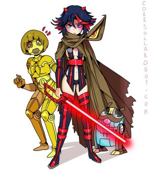 2girls android blue_eyes c-3po c-3po_(cosplay) cosplay crossover energy_sword guts_(kill_la_kill) highres kill_la_kill lightsaber mankanshoku_mako matoi_ryuuko multicolored_hair multiple_girls open_mouth r2-d2 r2-d2_(cosplay) red_lightsaber sith star_wars sword tagme trigger_(company) two-tone_hair weapon white_background