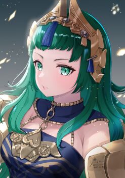 1girl blue_dress blush breasts dress fire_emblem fire_emblem:_fortune's_weave green_eyes green_hair hair_ornament headpiece highres large_breasts long_hair looking_at_viewer mugitoro_(dsfv2277) nintendo parted_lips pointy_ears purple_dress solo sothis_(adult)_(fire_emblem) sothis_(fire_emblem) tassel tassel_hair_ornament tiara upper_body