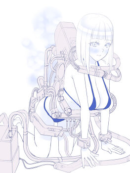 Rule 34 | 1girl, bikini, blame!, blue bikini, breasts, cibo, cleavage, commentary request, cyberpunk, cyborg, full body, greyscale, large breasts, monochrome, pale skin, short hair, simple background, solo, swimsuit, white background, yoshino (yoshinono!)