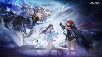 3girls aether_gazer artist_request black_cape black_gloves black_hair black_shorts black_skirt braid breasts brown_eyes brown_hair cape character_request closed_mouth copyright_name dress gloves goggles grey_hair headgear highres jacket long_hair multiple_girls official_art open_mouth partially_fingerless_gloves shorts skirt thigh_strap twin_braids white_dress white_jacket yellow_eyes