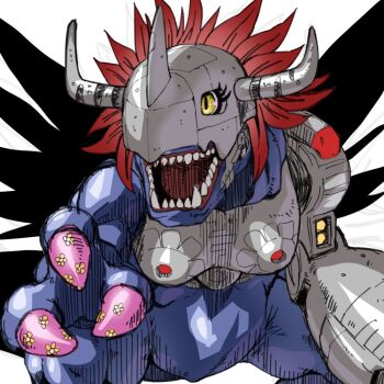 Rule 34 | 1girl, blue scales, cowboy shot, cyborg, digimon, digimon (creature), dinosaur, eyelashes, fewer digits, gerusyu, horns, mechanical arms, metalgreymon (virus), nail art, nail polish, open mouth, red hair, sharp teeth, simple background, single mechanical arm, solo, teeth, torn wings, white background, wings, yellow eyes