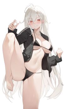 1girl absurdres ahoge albino barefoot bikini black_bikini black_jacket blush breasts bright_pupils chukibabo2 clenched_hand clenched_teeth feet hair_between_eyes highres jacket large_breasts leg_up long_hair long_sleeves looking_at_viewer navel open_clothes open_jacket orange_eyes original simple_background solo standing standing_on_one_leg string_bikini sweat swimsuit teeth thick_eyelashes toes underboob v-shaped_eyebrows very_long_hair white_background white_hair white_pupils yurnil