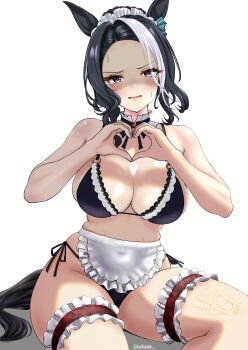 1girl absurdres alternate_costume animal_ears apron bikini black_bikini black_hair breasts collar commentary_request enmaided feet_out_of_frame frilled_apron frilled_collar frilled_thigh_strap frills heart heart_hands highres horse_ears horse_tail large_breasts long_hair maid maid_bikini maid_headdress mejiro_ramonu_(umamusume) multicolored_hair pocotas shaded_face side-tie_bikini_bottom simple_background sitting solo streaked_hair swimsuit tail thigh_strap umamusume unconventional_maid waist_apron white_apron white_background white_hair