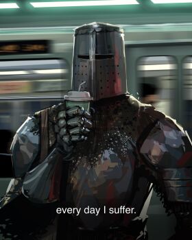 1other armor bag blurry blurry_background caption commentary cup english_commentary english_text helmet highres holding holding_cup knight motion_blur original sam_yang shoulder_bag solo subway subway_station upper_body