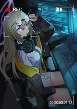 1girl absurdres adjusting_eyewear black-framed_eyewear black_jacket blonde_hair blue_archive blue_necktie blush breasts chair clip_studio_paint_(medium) commentary_request computer computer_keyboard computer_mouse cowboy_shot dark_background desk e_buki eating eyewear_on_head glasses halo hand_up headphones headphones_around_neck highres indoors jacket kotama_(blue_archive) long_hair looking_at_viewer medium_breasts miniskirt monitor mouth_hold necktie on_chair open_clothes open_jacket pleated_skirt purple_eyes purple_halo recording semi-rimless_eyewear shirt sitting skirt solo two-sided_fabric two-sided_jacket under-rim_eyewear white_shirt white_skirt