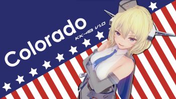 1girl 3d 4beraser absurdres american_flag black_gloves black_pantyhose blonde_hair blue_eyes blue_neckwear braid breasts capelet character_name colorado_(kancolle) commentary_request dress elbow_gloves from_above garrison_cap gloves grey_dress grey_hat hat headgear highres kantai_collection large_breasts necktie pantyhose pleated_dress shirt short_hair side_braids sideboob sleeveless smile white_shirt