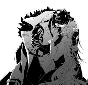 2boys arm_around_neck bandaged_arm bandaged_neck bandages closed_eyes closed_mouth coat coat_on_shoulders covered_eyes earrings feet_out_of_frame fine_art_parody fingerless_gloves frilled_sleeves frills fur-trimmed_coat fur_trim genshin_impact gloves greyscale hair_between_eyes hair_flaps hand_on_another&#039;s_face hand_on_another&#039;s_hand hand_on_another&#039;s_neck high-waist_pants jewelry kiss kissing_cheek kneeling lapels long_hair long_sleeves male_focus monochrome multicolored_hair multiple_boys neuvillette_(genshin_impact) no_gloves open_collar pants parody peaked_lapels pointy_ears scar scar_on_neck shirai shirt short_hair side_part simple_background sleeves_rolled_up streaked_hair the_kiss very_long_hair wriothesley_(genshin_impact) yaoi