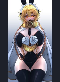 1girl animal_ears black_necktie black_thighhighs blonde_hair blush breasts cape chain chained chained_wrists cuffs don_quixote_(project_moon) fake_animal_ears gloves gold_collar gugugu44630967 highres index_(identity)_(project_moon) leotard limbus_company looking_at_viewer maid_headdress necktie playboy_bunny project_moon rabbit_ears shy solo strapless strapless_leotard thighhighs yellow_eyes
