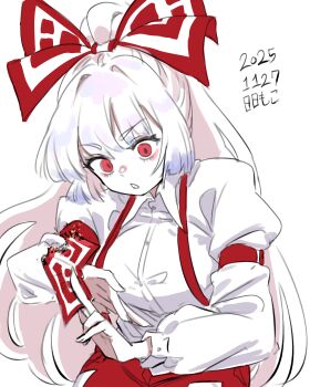1girl absurdres armband bow commentary_request dated fujiwara_no_mokou hair_bow highres holding holding_ofuda long_hair neophyte ofuda open_mouth pants red_eyes red_pants simple_background solo suspenders touhou white_background white_hair
