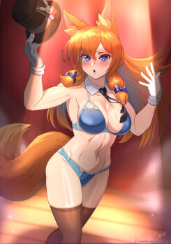 1girl :o animal_ear_fluff animal_ears artist_name black_hat black_necktie blue_bow blue_bra blue_eyes blue_panties blush bow bra breasts brown_thighhighs cleavage collarbone commentary commentary_request covered_navel cowboy_shot detached_collar english_commentary eyelashes fox_ears fox_girl fox_tail gloves groin hair_between_eyes hair_bow hat highres holding holding_unworn_clothes holding_unworn_hat kitsu_(vilde_loh_hocen) large_variant_set long_hair looking_at_viewer medium_breasts mixed-language_commentary necktie open_mouth orange_hair original panties patreon_logo patreon_username playboy_bunny solo spotlight stage tail thighhighs top_hat underwear unworn_hat unworn_headwear variant_set vilde_loh_hocen watermark web_address white_gloves