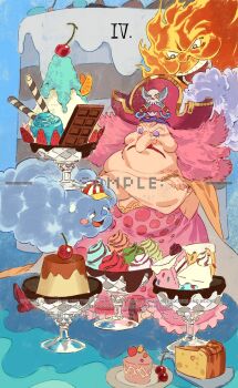 1girl card_(medium) charlotte_linlin chocolate closed_eyes commentary crossed_arms english_commentary food hat highres long_hair one_piece pink_hair pirate_hat prometheus_(one_piece) pudding red_lips roman_numeral sample_watermark siyangou49 tarot tarot_(medium) watermark zeus_(one_piece)