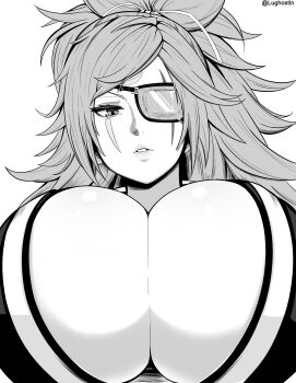 1girl absurdres baiken breasts bursting_breasts cleavage commentary english_commentary eyepatch facial_mark guilty_gear guilty_gear_strive highres huge_breasts lips lughost parted_lips plunging_neckline ponytail scar scar_across_eye scar_on_face solo twitter_username