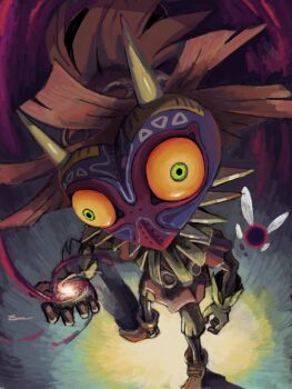 Rule 34 | colored sclera, crazy eyes, green eyes, looking at viewer, mask, nao-08, nintendo, oekaki, orange sclera, powering up, skull kid, spiked mask, the legend of zelda, the legend of zelda: majora's mask