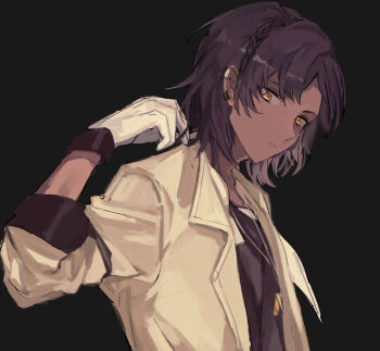 Rule 34 | 1boy, arknights, bishounen, black background, black hair, black shirt, braid, coat, commentary request, dark-skinned male, dark skin, ear piercing, earclip, earrings, elysium (arknights), gloves, jacket, jewelry, long sleeves, looking at viewer, male focus, marumarukin, necklace, orange eyes, parted lips, piercing, shirt, short hair, simple background, solo, upper body, white gloves, yellow eyes