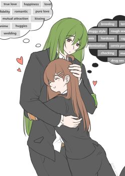 Rule 34 | 1boy, 1girl, armband, black jacket, black suit, blush, brown armband, brown hair, censored, censored text, closed eyes, cowboy shot, expressionless, formal clothes, green armband, hand on another's head, heart, hetero, highres, hod (project moon), jacket, lobotomy corporation, netzach (project moon), nhentai, ori oriio, project moon, simple background, smile, speech bubble, suit, tag, thought bubble, white background