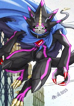 black_sclera black_tail blue_cloak cloak colored_sclera digimon digimon_(creature) dragon full_body grey_background gulusgammamon highres horns midair sharp_teeth solo teeth tsukaima_(vfcou)