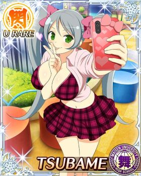1girl arm_between_breasts between_breasts border bow breasts card_(medium) cellphone character_name crop_top day game_cg green_eyes grey_hair gyaru hair_bow holding holding_phone large_breasts long_hair looking_at_phone midriff navel official_art outdoors phone pink_bow pink_shirt plaid_clothes plaid_skirt red_skirt selfie senran_kagura senran_kagura_new_wave shirt skirt smartphone solo swept_bangs third-party_source tied_shirt tsubame_(senran_kagura) twintails v v_over_mouth very_long_hair